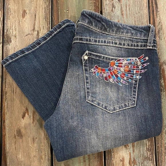 Wrangler 9/10 Rock 47 Ultra Low Rise Jeans Bootcut Womens Colorful Wings Stretch - Picture 13 of 13